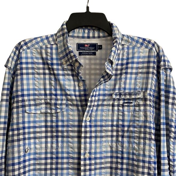 Vineyard Vines Plaid Harbor Shirt Men's Sz L Blue White Long Sleeve Vented Beach - Picture 3 of 15